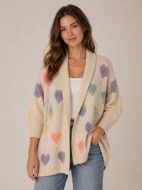 Look By M Cream Open Cardigan Sweater with Pastel Rainbow Hearts - one size